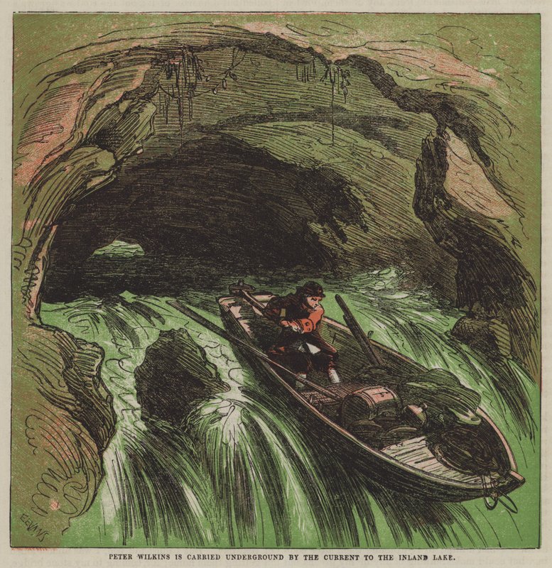 Peter Wilkins is carried underground by the current to the Inland Lake by after Hablot Knight Browne