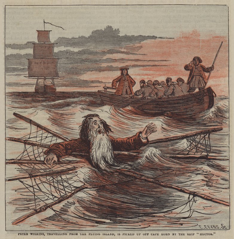 Peter Wilkins, travelling from the Flying Island, is picked up off Cape Horn by the ship Hector by after Hablot Knight Browne