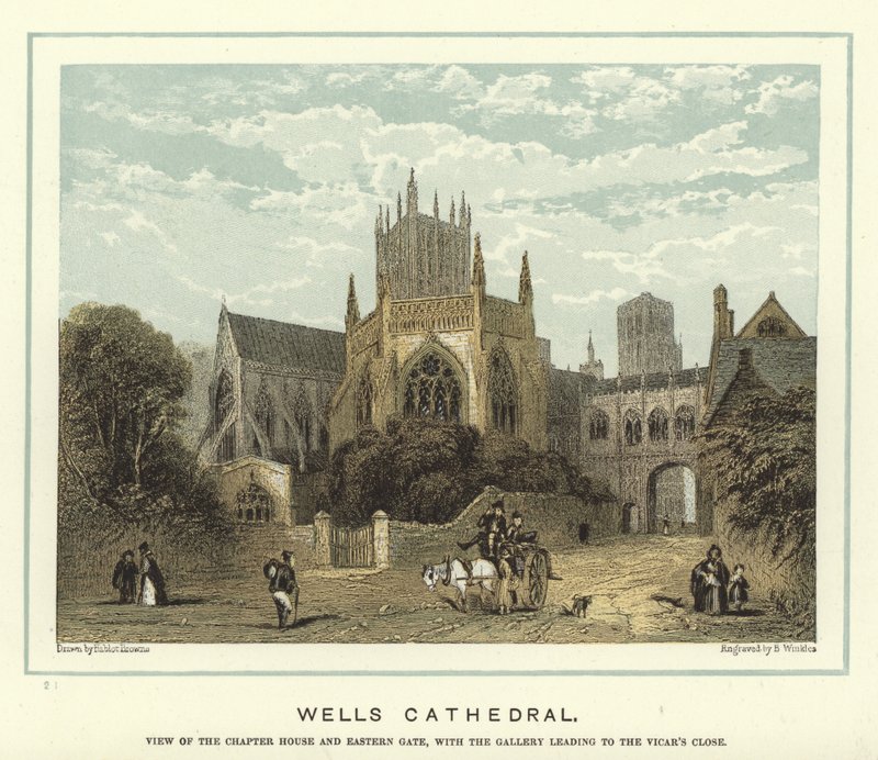 Wells Cathedral, view of the chapter house and eastern gate, with the gallery leading to the Vicar
