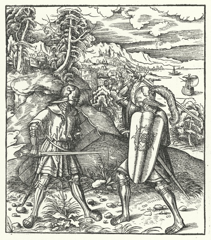 Archduke Maximilian of Austria in armour fighting with a sword by Hans (after) Burgkmair