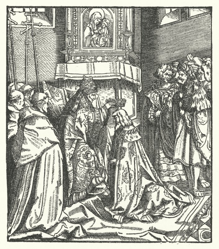 Pope Nicholas V crowning Frederick III Holy Roman Emperor in Rome by Hans (after) Burgkmair