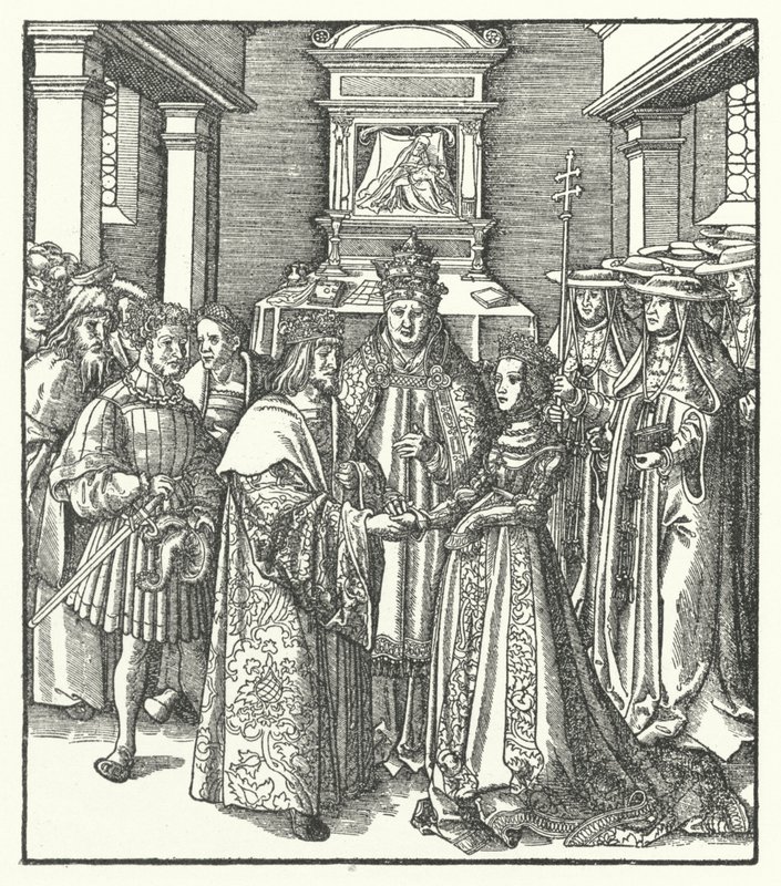 Pope Nicholas V presiding over the marriage of the Holy Roman Emperor Frederick III and Eleanor of Portugal in Rome by Hans (after) Burgkmair