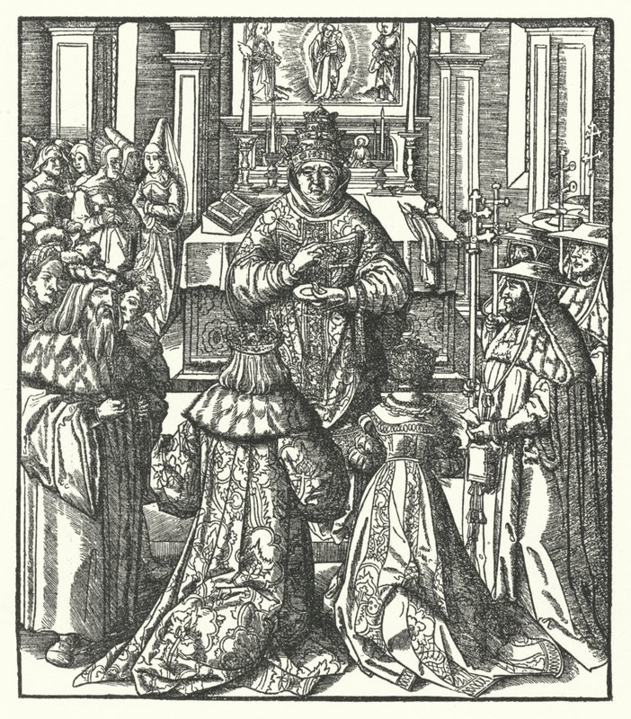 The Holy Roman Emperor Frederick III and the Empress Eleanor receiving Holy Communion from the Pope by Hans (after) Burgkmair