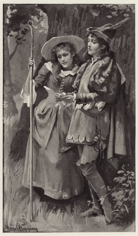 Ganymede and Aliena were strangely surprised to find the name of Rosalind carved on the trees? by Harold Copping