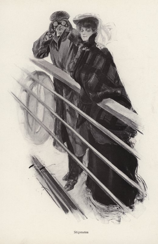 Man and woman looking out over the railings of a ship by Harrison Fisher
