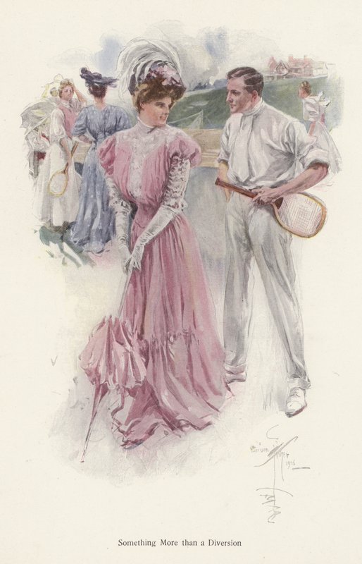 Man interrupts his tennis game to talk to a young woman by Harrison Fisher