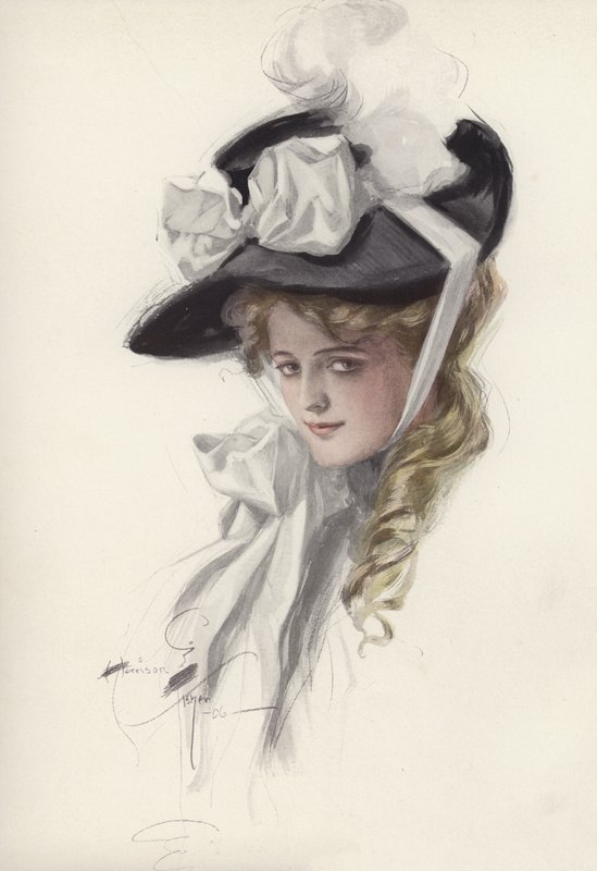 Portrait of a woman in a fancy hat by Harrison Fisher