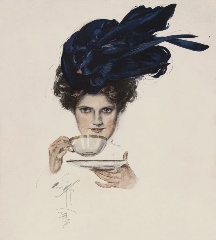 Portrait of a woman in a fancy hat drinking tea by Harrison Fisher