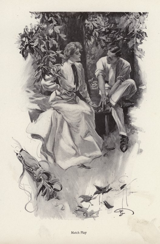 Romantic couple taking a break from their game of golf by Harrison Fisher