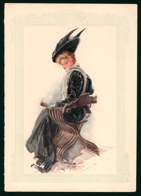 Seated Girl Wearing a Black Dress and Hat by Harrison Fisher