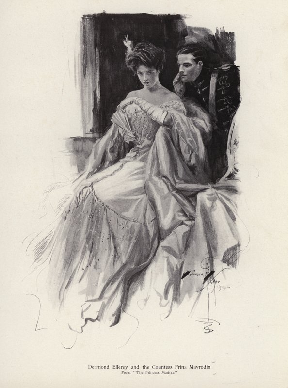 Two characters, Desmond Ellery and the Countess Frina Mavrodin from the novel, The Princess Moritza, by Percy Brebner by Harrison Fisher