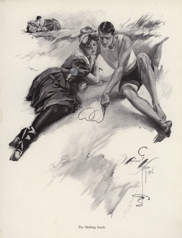 Two lovers drawing hearts in the sand at the beach by Harrison Fisher