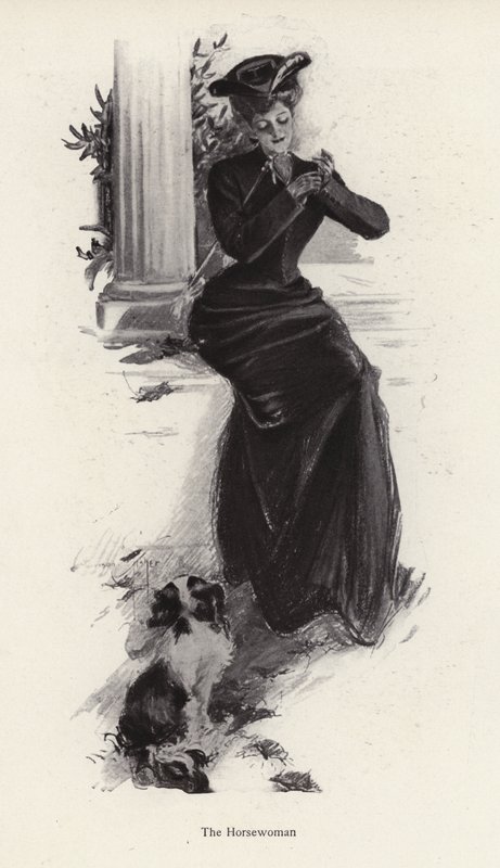 Young woman and her dog waiting to go horse riding by Harrison Fisher