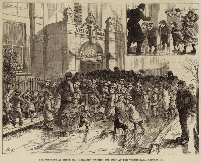 The Distress at Sheffield, Children Waiting for Soup at the Vestry-Hall, Brightside by Harry Furniss