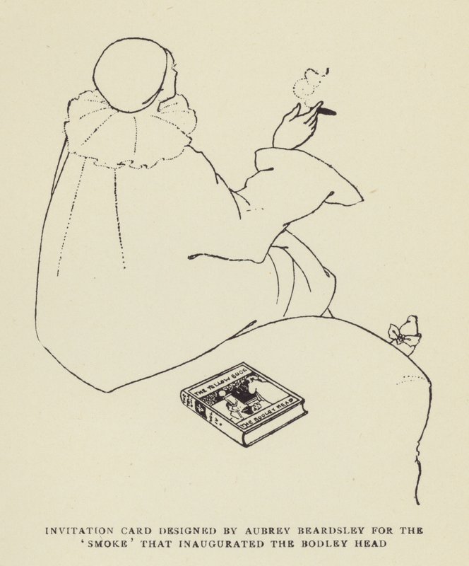 Invitation card designed by Aubrey Beardsley for the Smoke that inaugurated the Bodley Head by Harry Furniss