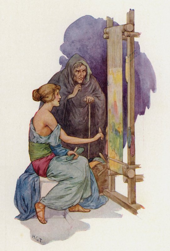 Arachne about to be turned into a spider by a disguised Minerva by Harry George Theaker
