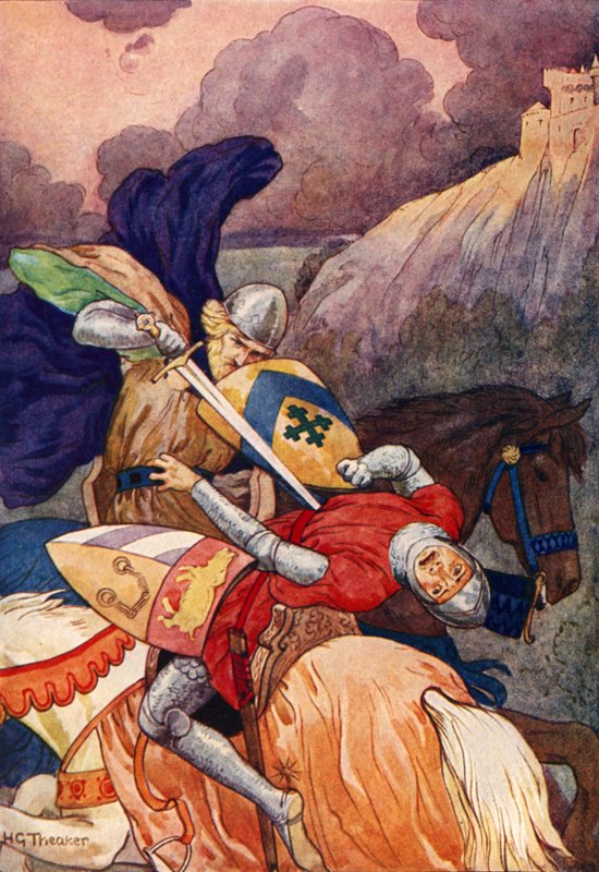 King Arthur stabbing his enemy through the breast by Harry George Theaker