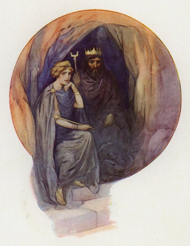 Proserpine sitting dressed in long black robes, on a great black throne with the fierce black King beside her by Harry George Theaker