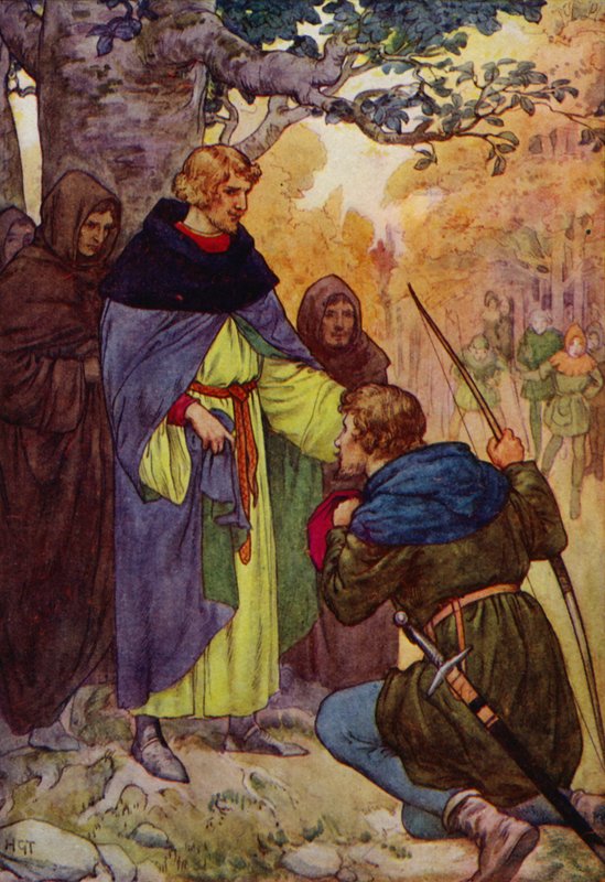 "Sire," said Robin, falling on one knee, "We of Sherwood claim a royal pardon" by Harry George Theaker