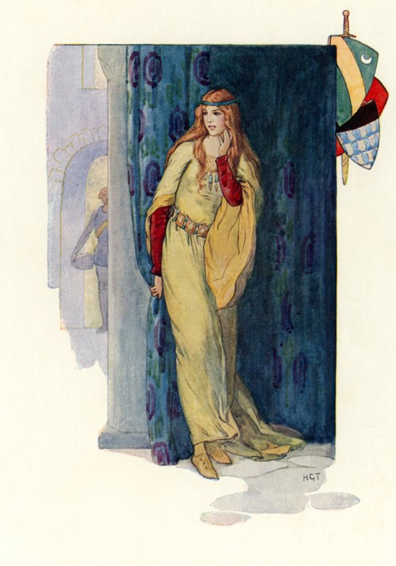 The Dumb Maiden Rose Hiding Herself Behind a Curtain by Harry George Theaker