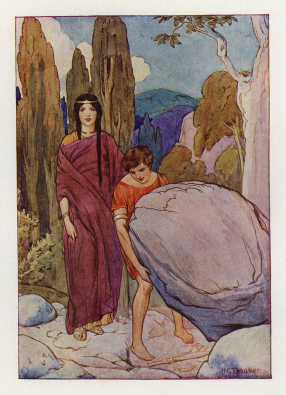 Theseus raising the big rock, under which lay the sword and sandals by Harry George Theaker
