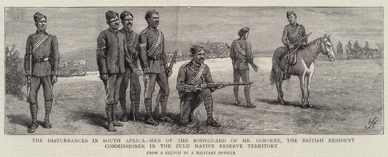 The Disturbances in South Africa, Men of the Bodyguard of Mr Osborne, the British Resident Commissioner in the Zulu Native Reserve Territory by Harry Hamilton Johnston