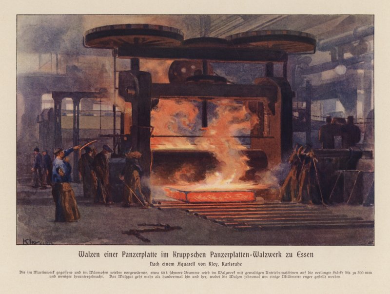 Rolling of armour plate at the Krupp works in Essen, Germany by Heinrich Kley