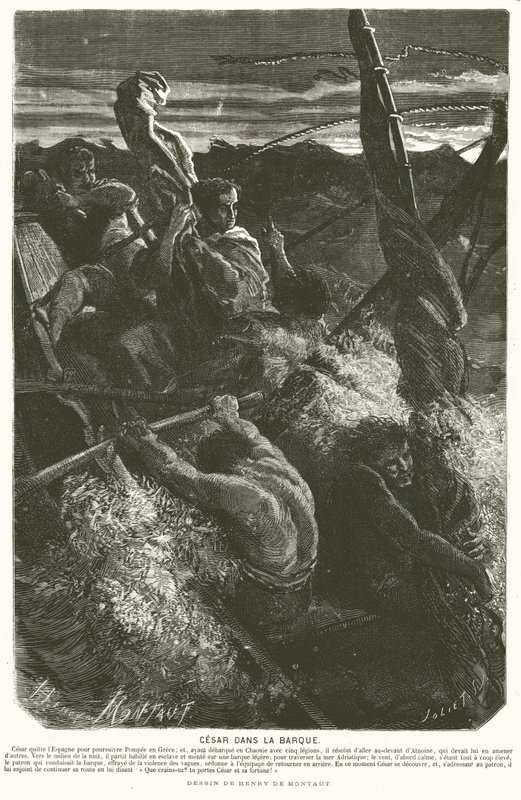 Julius Caesar, disguised as a slave, revealing his identity to the crew of a boat caught in a storm while crossing the Adriatic Sea, 48 BC by Henri de (after) Montaut