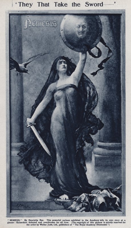 Nemesis, cartoon on the defeat of Kaiser Wilhelm II and Germany in World War I exhibited in the Royal Academy by Henrietta (after) Rae