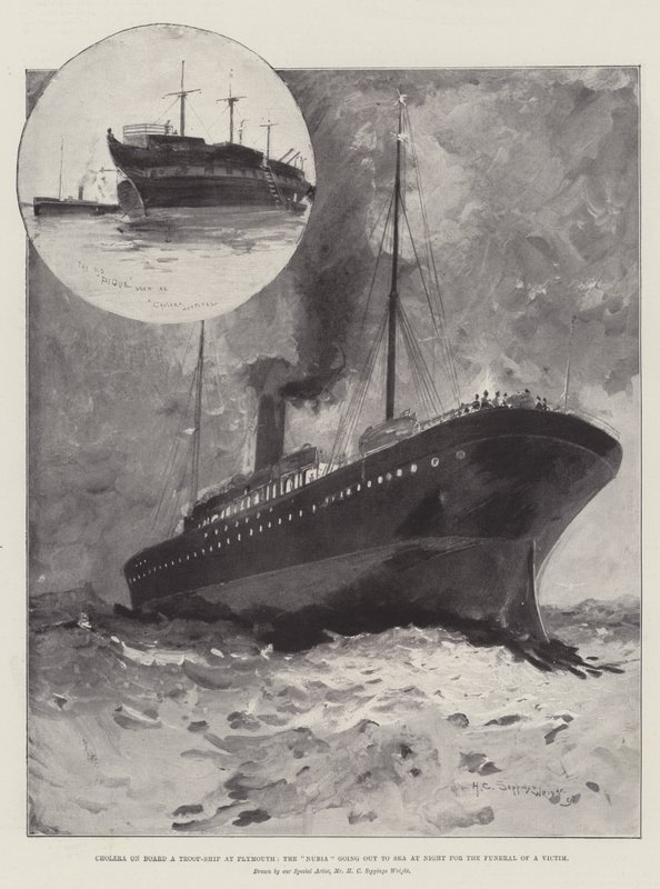 Cholera on Board a Troop-Ship at Plymouth, the Nubia going out to Sea at Night for the Funeral of a Victim by Henry Charles Seppings Wright
