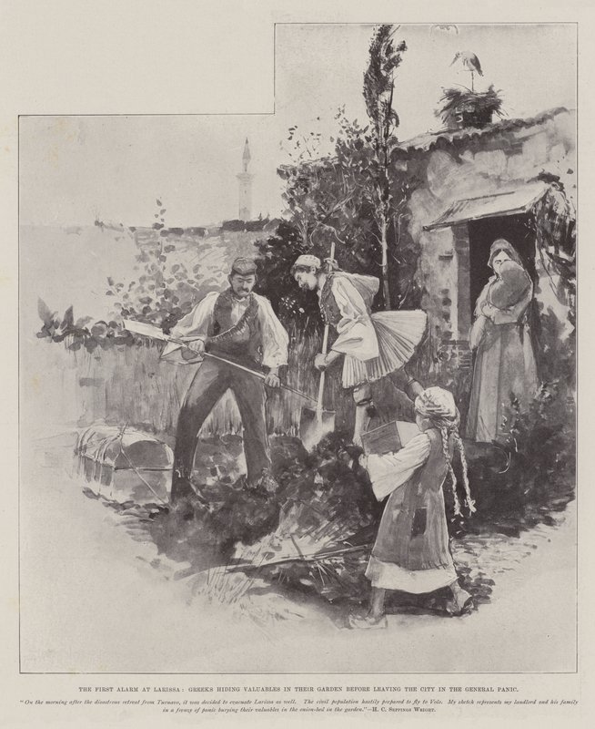 The First Alarm at Larissa, Greeks hiding Valuables in their Garden before leaving the City in the General Panic by Henry Charles Seppings Wright