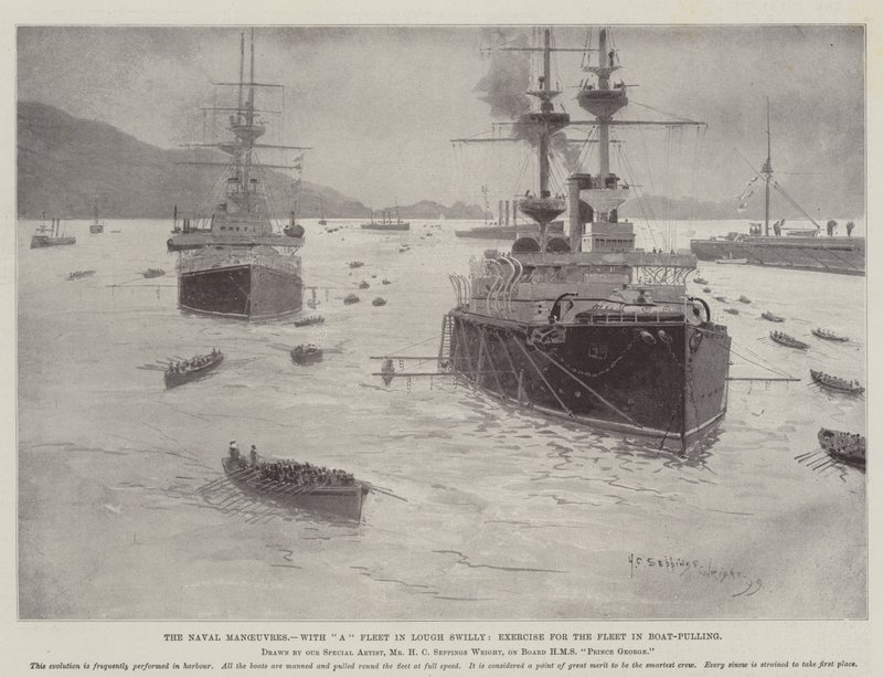 The Naval Manoeuvres, with A Fleet in Lough Swilly, Exercise for the Fleet in Boat-Pulling by Henry Charles Seppings Wright