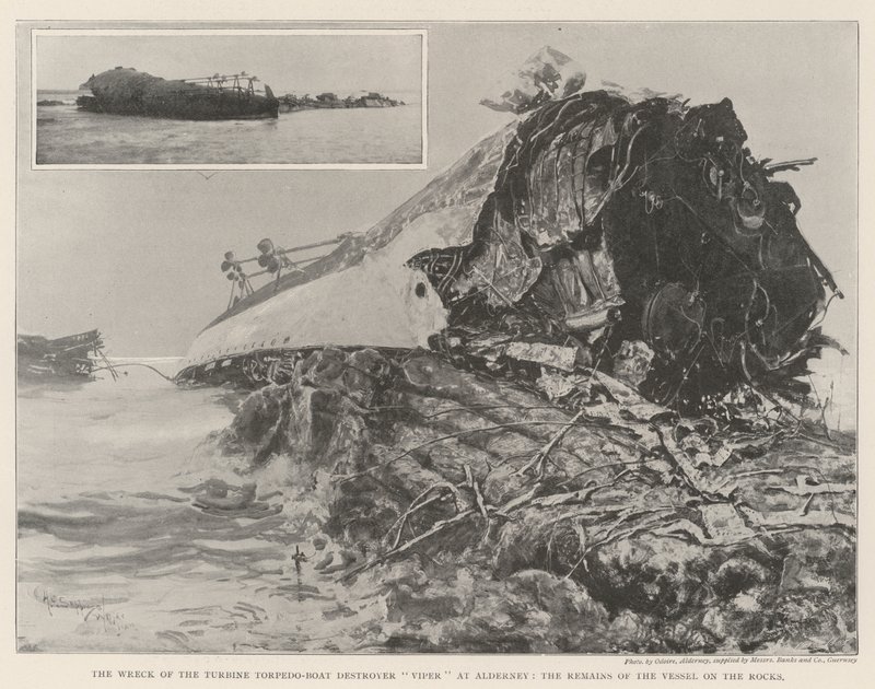 The Wreck of the Turbine Torpedo-Boat Destroyer Viper at Alderney, the Remains of the Vessel on the Rocks by Henry Charles Seppings Wright