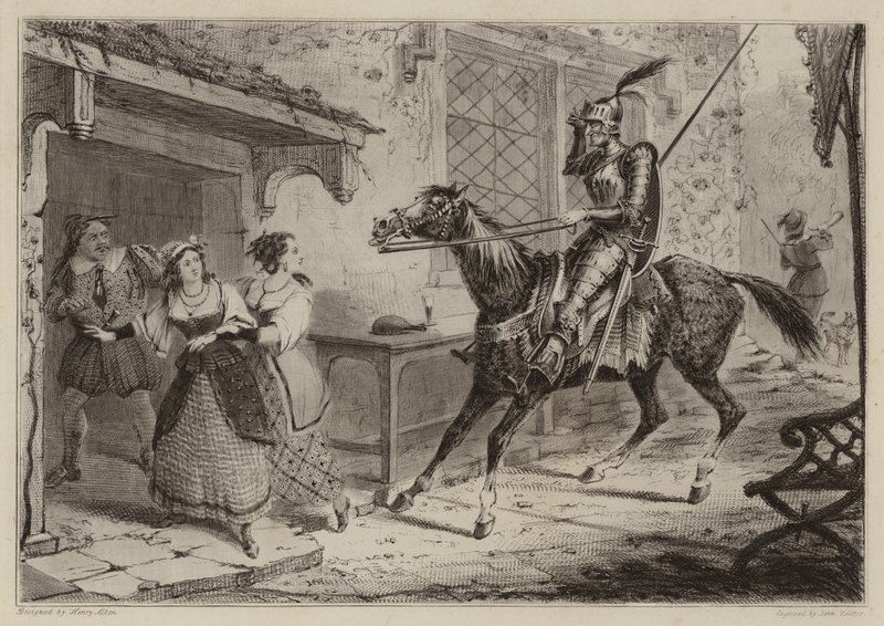 Knight (Don Quixote) arriving at inn by Henry Thomas Alken