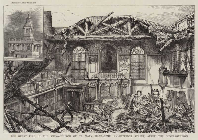 The Great Fire in the City, Church of St Mary Magdalene, Knightrider Street, After the Conflagration by Henry William Brewer