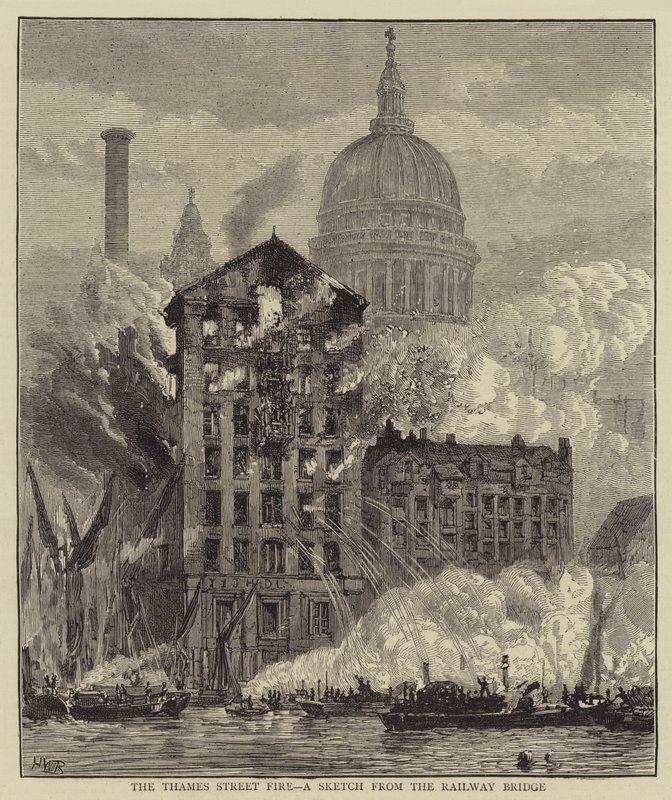 The Thames Street Fire, a Sketch from the Railway Bridge by Henry William Brewer