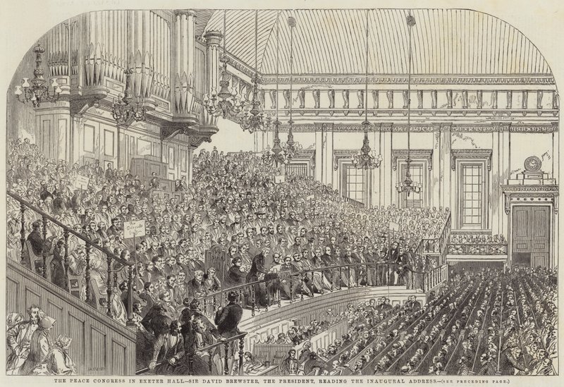 The Peace Congress in Exeter Hall, Sir David Brewster, the President, reading the Inaugural Address by Henry Anelay