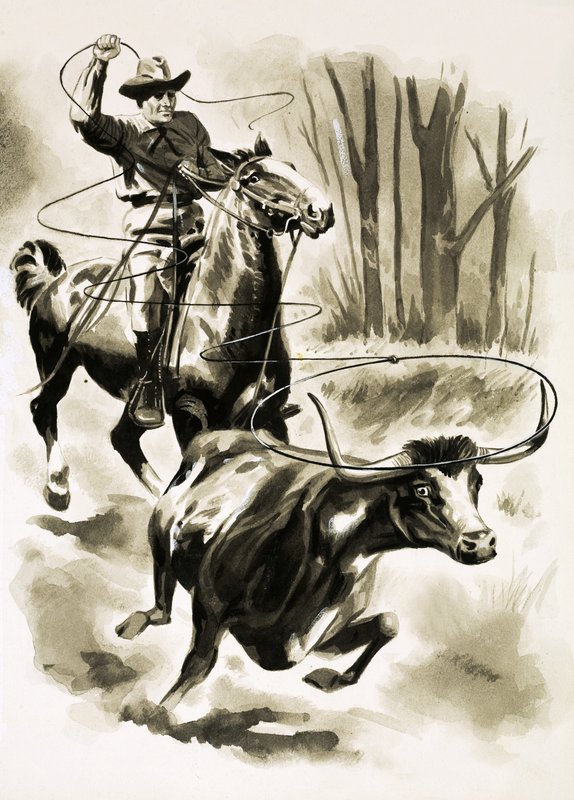 A cowboy ropes a steer from horseback with a lasso by Henry Charles Fox
