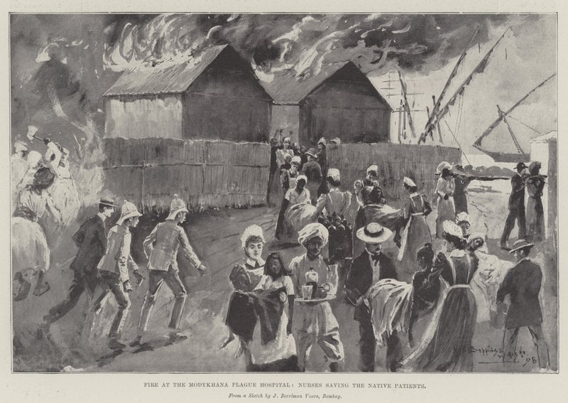 Fire at the Modykhana Plague Hospital, Nurses saving the Native Patients by Henry Charles Seppings Wright