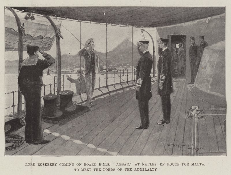 Lord Rosebery coming on Board HMS Caesar, at Naples, En Route for Malta, to meet the Lords of the Admiralty by Henry Charles Seppings Wright