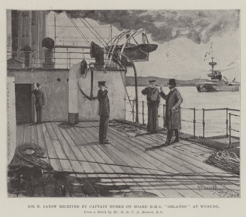 Sir E Satow received by Captain Burke on Board HMS Orlando at Wusung by Henry Charles Seppings Wright