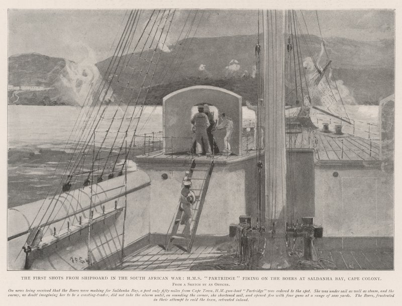 The First Shots from Shipboard in the South African War, HMS Partridge Firing on the Boers at Saldanha Bay, Cape Colony by Henry Charles Seppings Wright