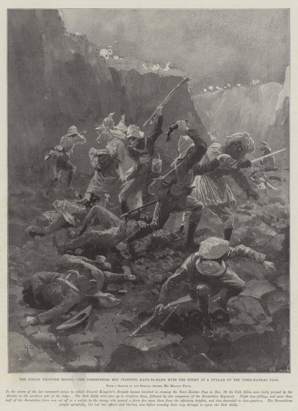 The Indian Frontier Rising, the Dorsetshire Men fighting Hand-to-Hand with the Enemy in a Nullah on the Tseri-Kandao Pass by Henry Charles Seppings Wright