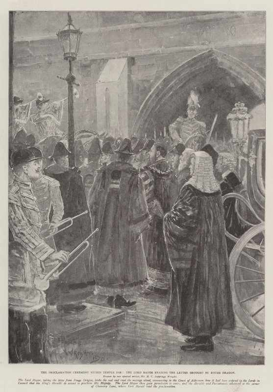 The Proclamation Ceremony within Temple Bar, the Lord Mayor Reading the Letter Brought by Rouge Dragon by Henry Charles Seppings Wright