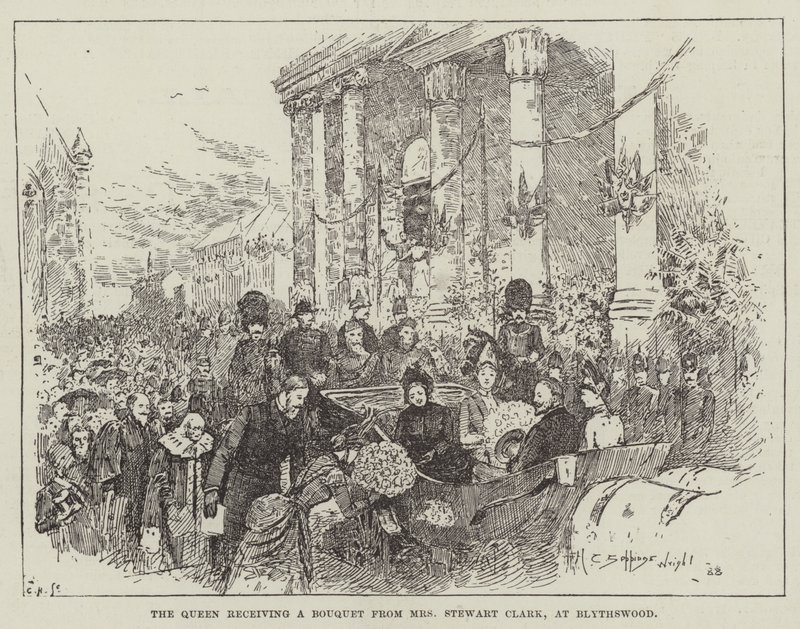 The Queen receiving a Bouquet from Mrs Stewart Clark, at Blythswood by Henry Charles Seppings Wright