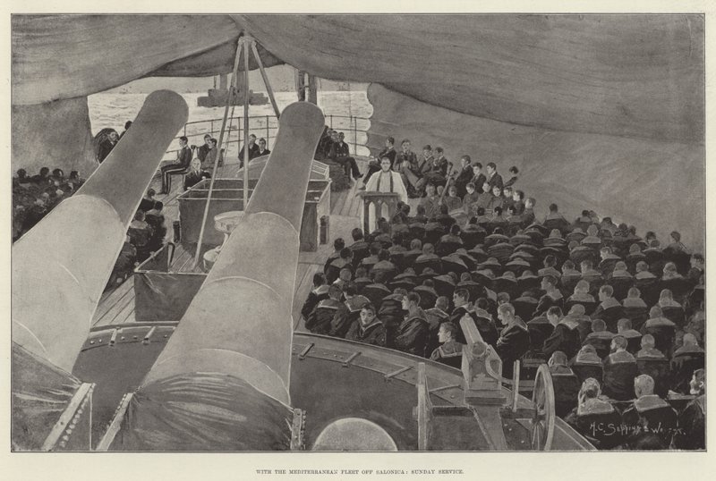 With the Mediterranean Fleet off Salonica, Sunday Service by Henry Charles Seppings Wright