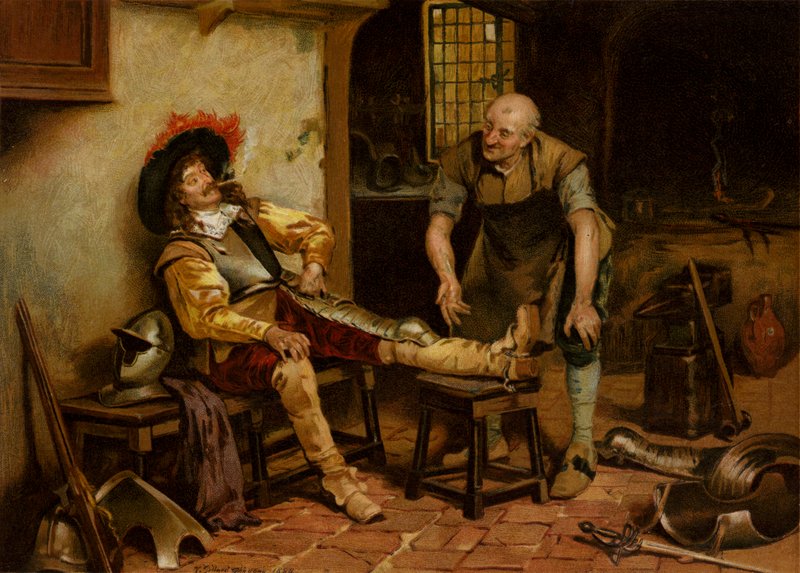 A Splendid Fit, a Man Being Fitted with Armour by Henry Gillard (after) Glindoni