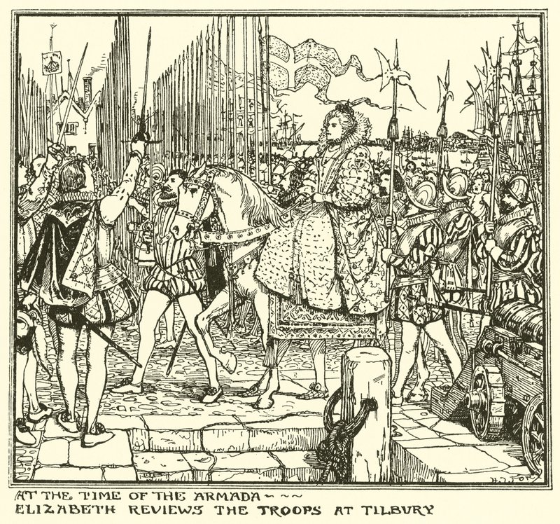 At the Time of the Armada. Elizabeth Reviews the Troops at Tilbury by Henry Justice Ford