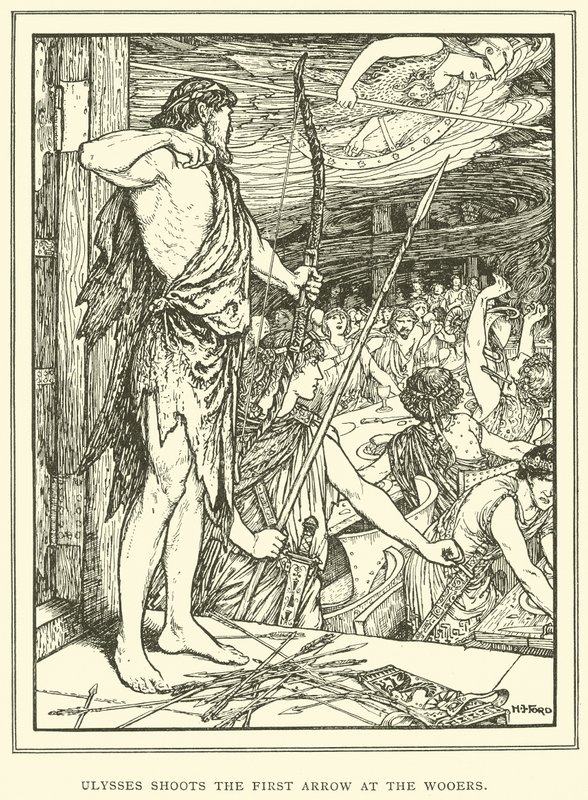 Ulysses Shoots the First Arrow at the Wooers by Henry Justice Ford