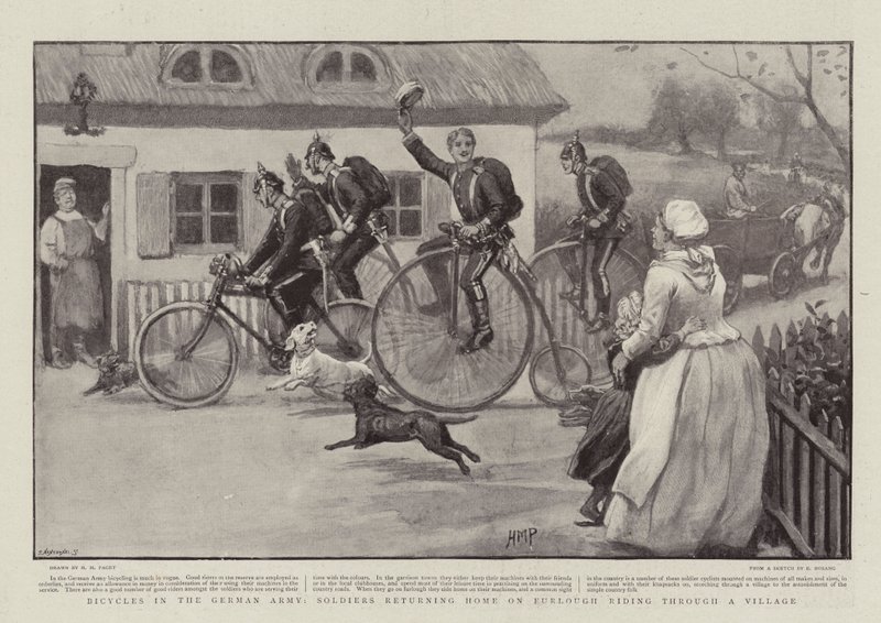 Bicycles in the German Army, Soldiers returning Home on Furlough Riding through a Village by Henry Marriott Paget